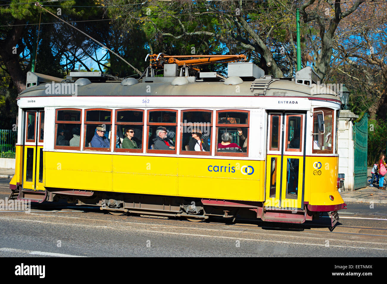 An old traditional tram on street of Lisbon, Portugal. Stock Photo