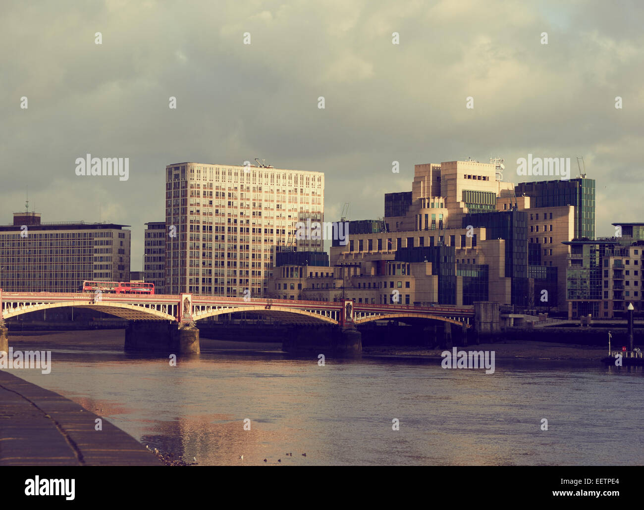 Vauxhall Bridge with secret intelligence service or MI6 building on the South Bank London England Europe Stock Photo