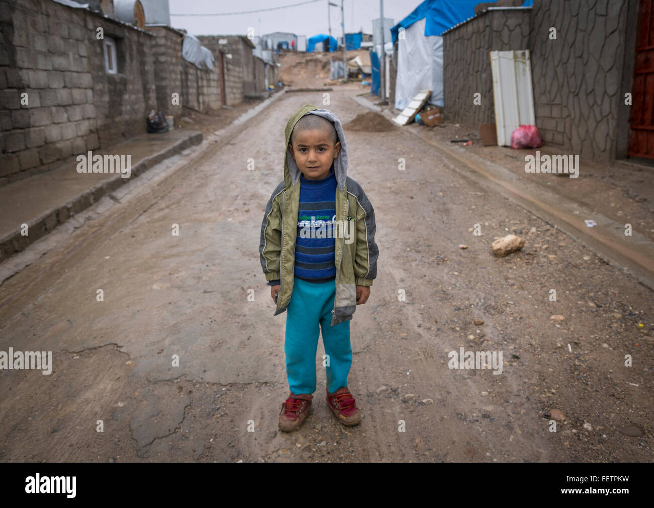 Child In Domiz Syrian Refugee Camp, Erbil, Kurdistan, Iraq Stock Photo