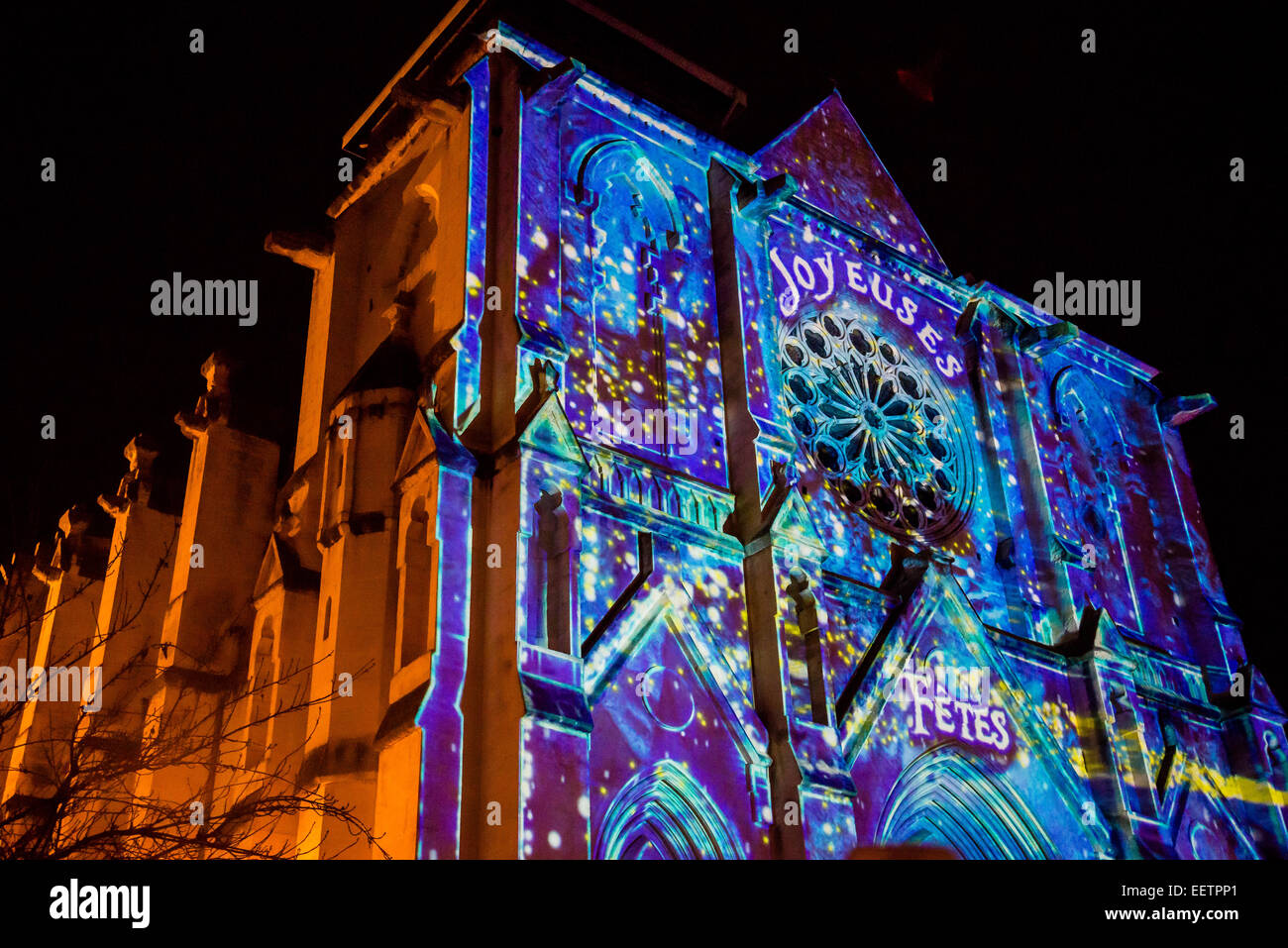 Sound and light show projection on Saint Roch Church during Christmas, Montpellier, France Stock Photo