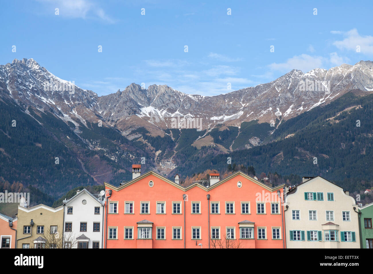 Characteristic coloured houses on river Inn. Innsbruck, Tyrol. Austria