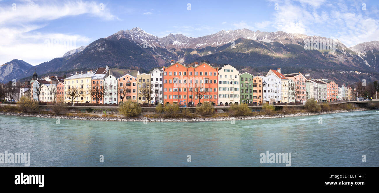 Characteristic coloured houses on river Inn. Innsbruck, Tyrol. Austria Stock Photo