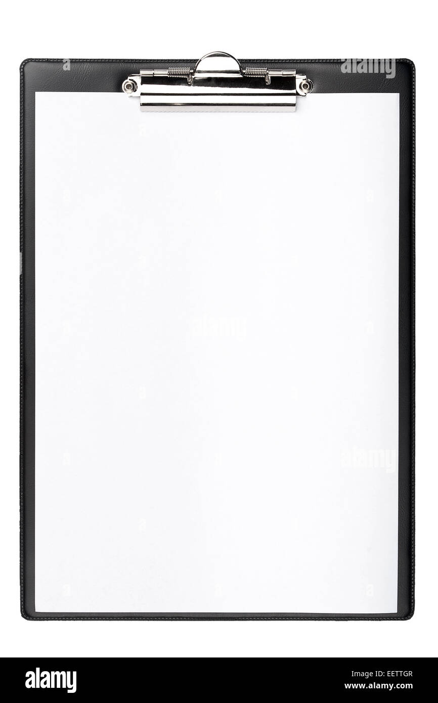 Black clipboard with blank sheet of paper isolated on white background ...
