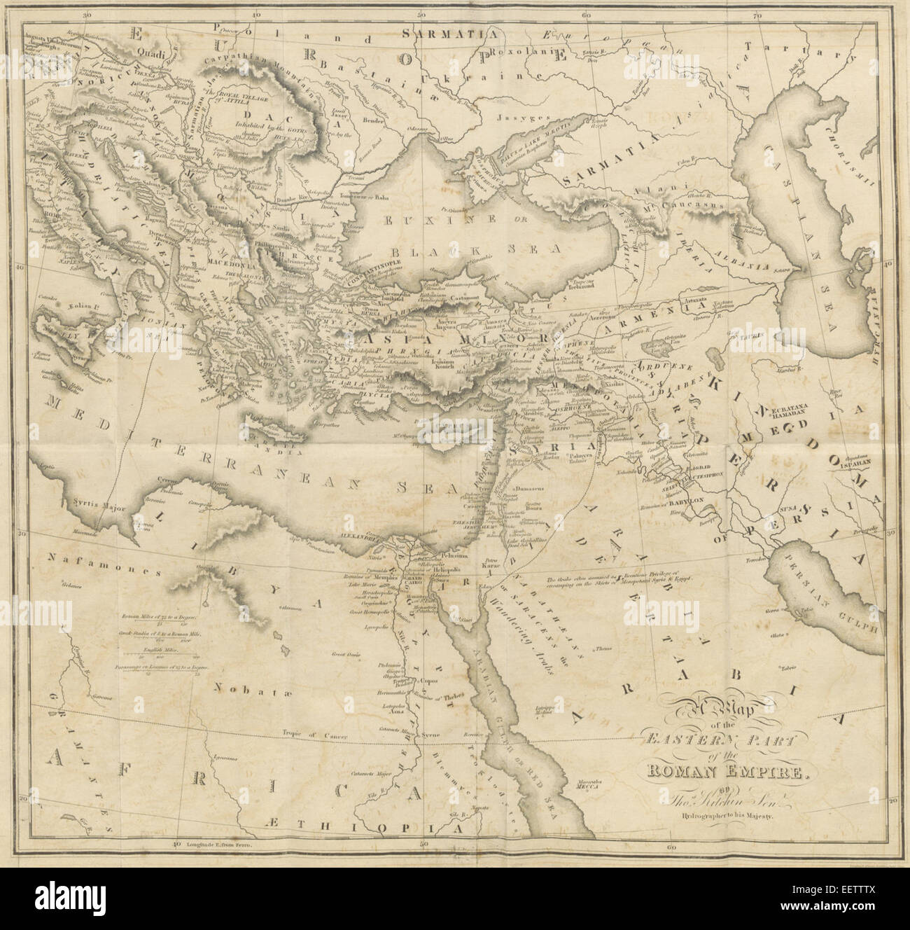 This 1818 map by Gibbon shows the eastern portion of the Roman Empire, providing valuable insights into its territorial extent and important locations during the classical era. Stock Photo