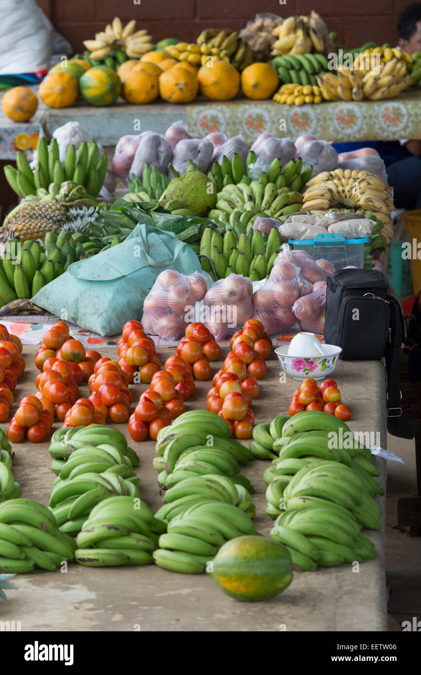 Kingdom of Tonga, Vava'u Islands, Neiafu. Local produce market display of typical tropical fruits and vegetables. Stock Photo