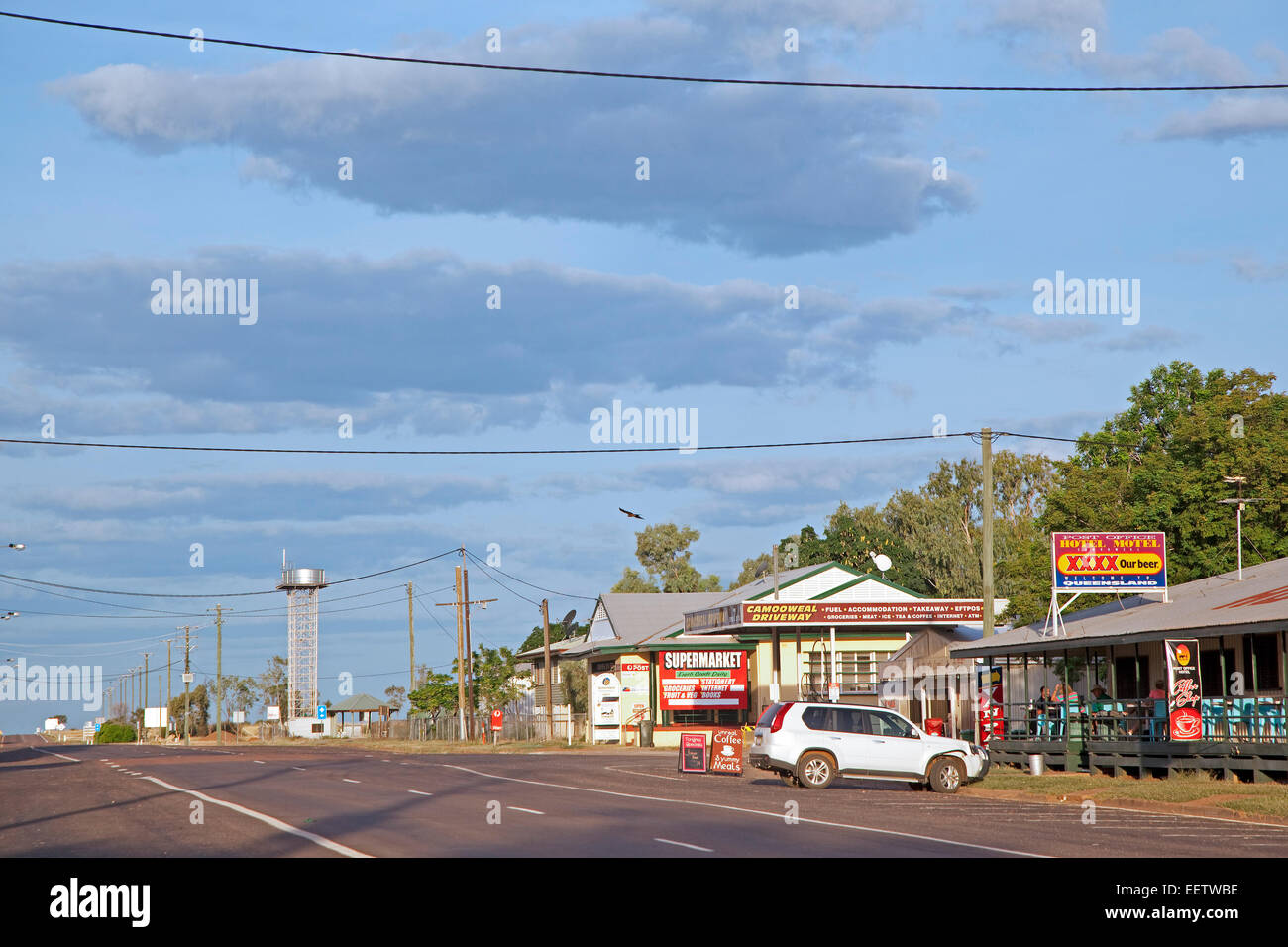 The Barkly Highway through Camooweal, small village with motels, shops and supermarket in north-western Queensland, Australia Stock Photo