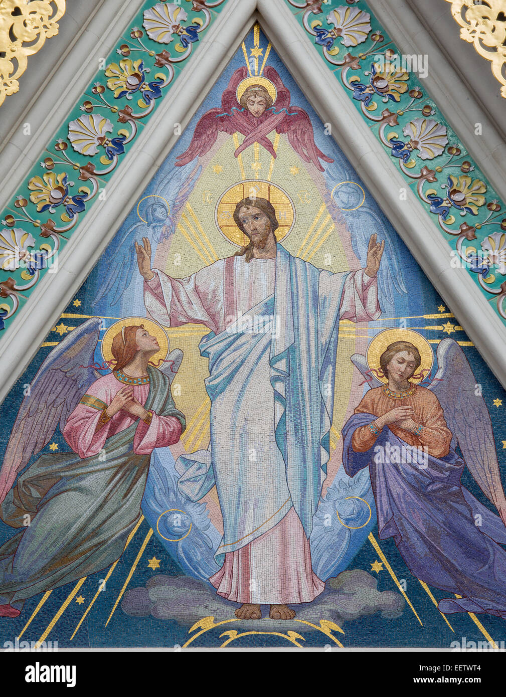 Vienna - The mosaic of Jesus Christ with the angels  on the Russian Orthodox cathedral of st. Nicholas. Stock Photo