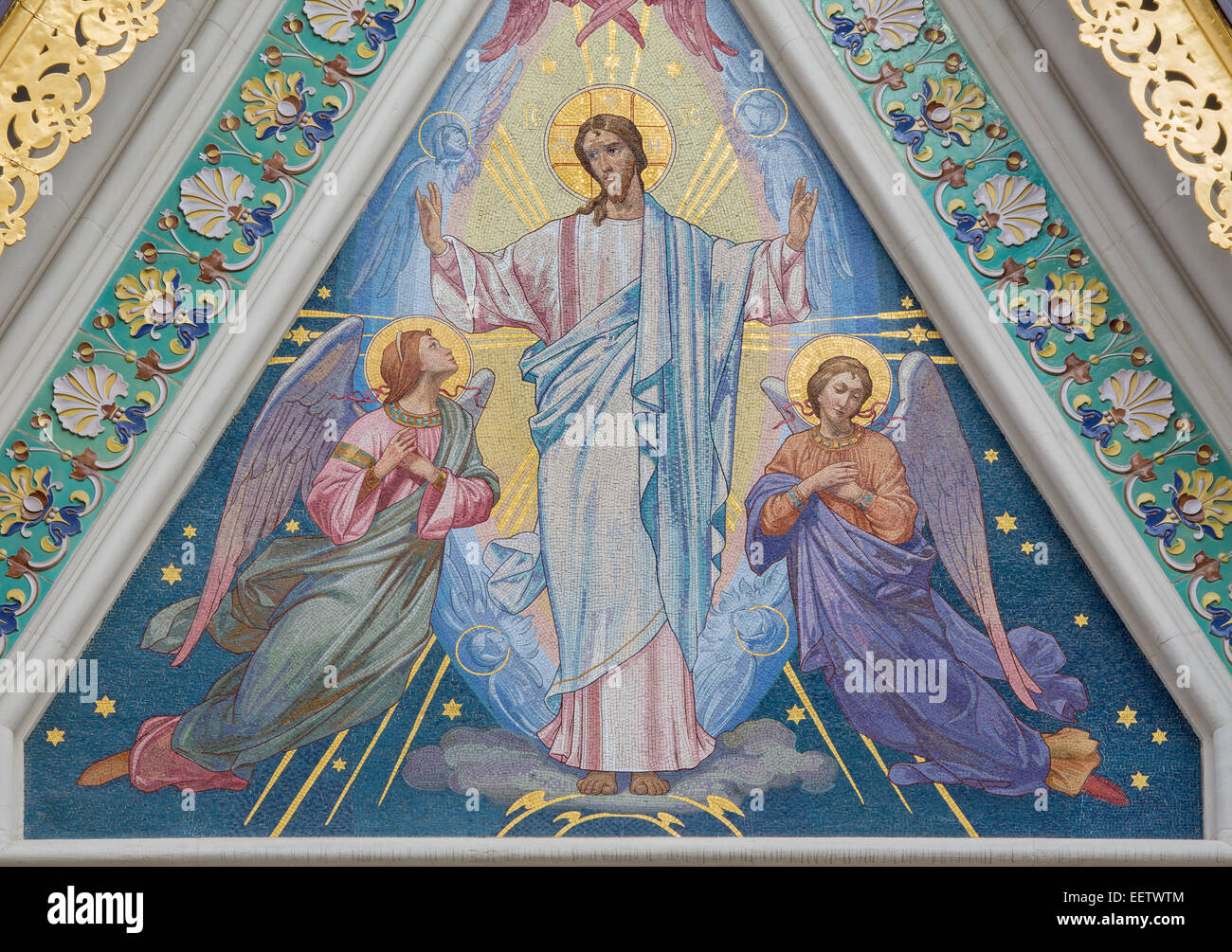 Vienna - The mosaic of Jesus Christ with the angels  on the Russian Orthodox cathedral of st. Nicholas. Stock Photo