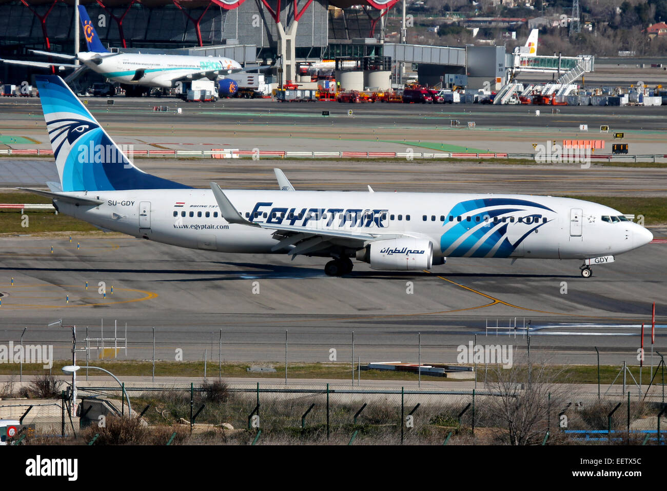 Egyptair Boeing 737-800 taxis to stand at Madrid airport. Stock Photo