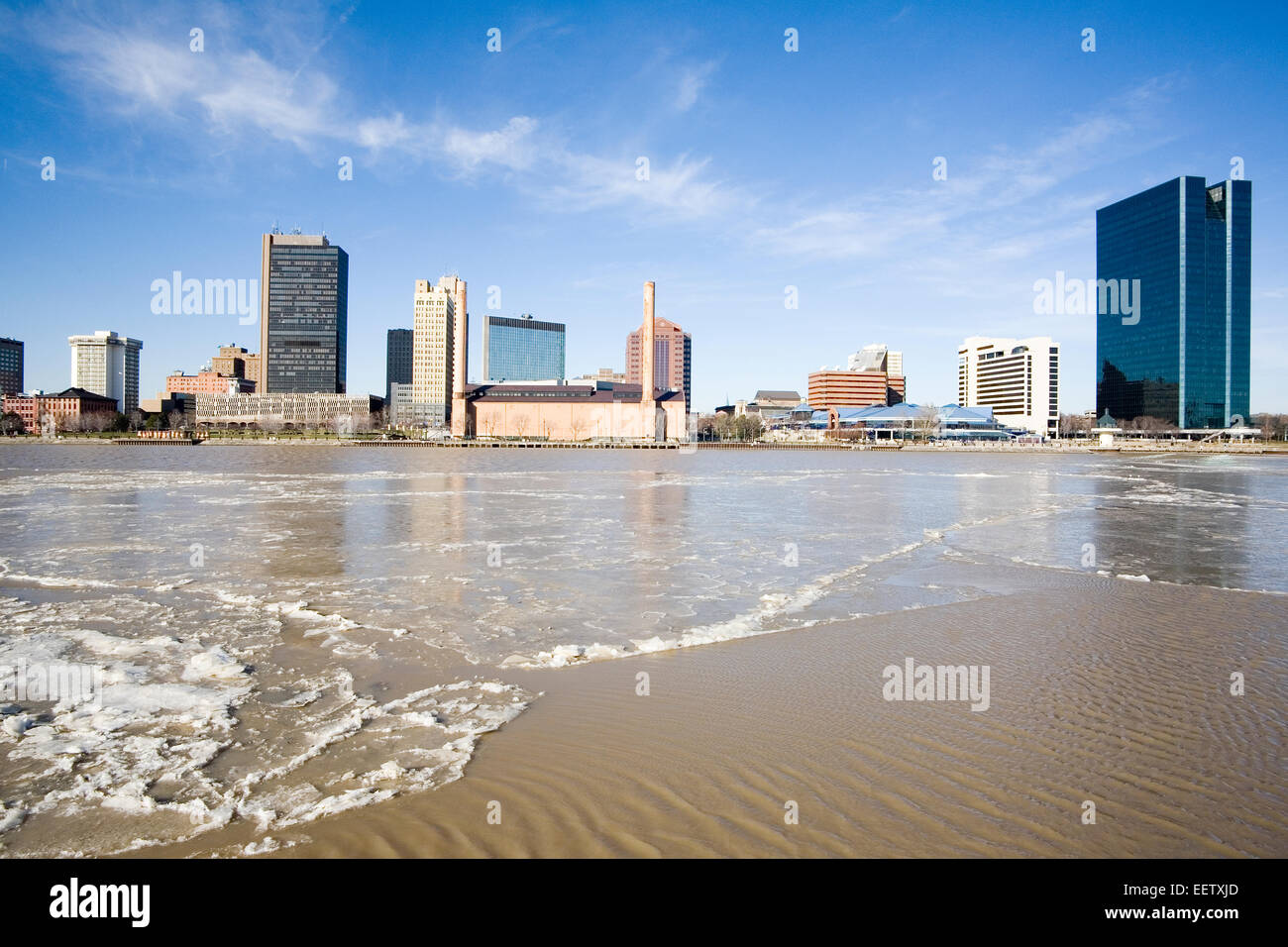 Toledo skyline from across icy Maumee river, Ohio Stock Photo Alamy