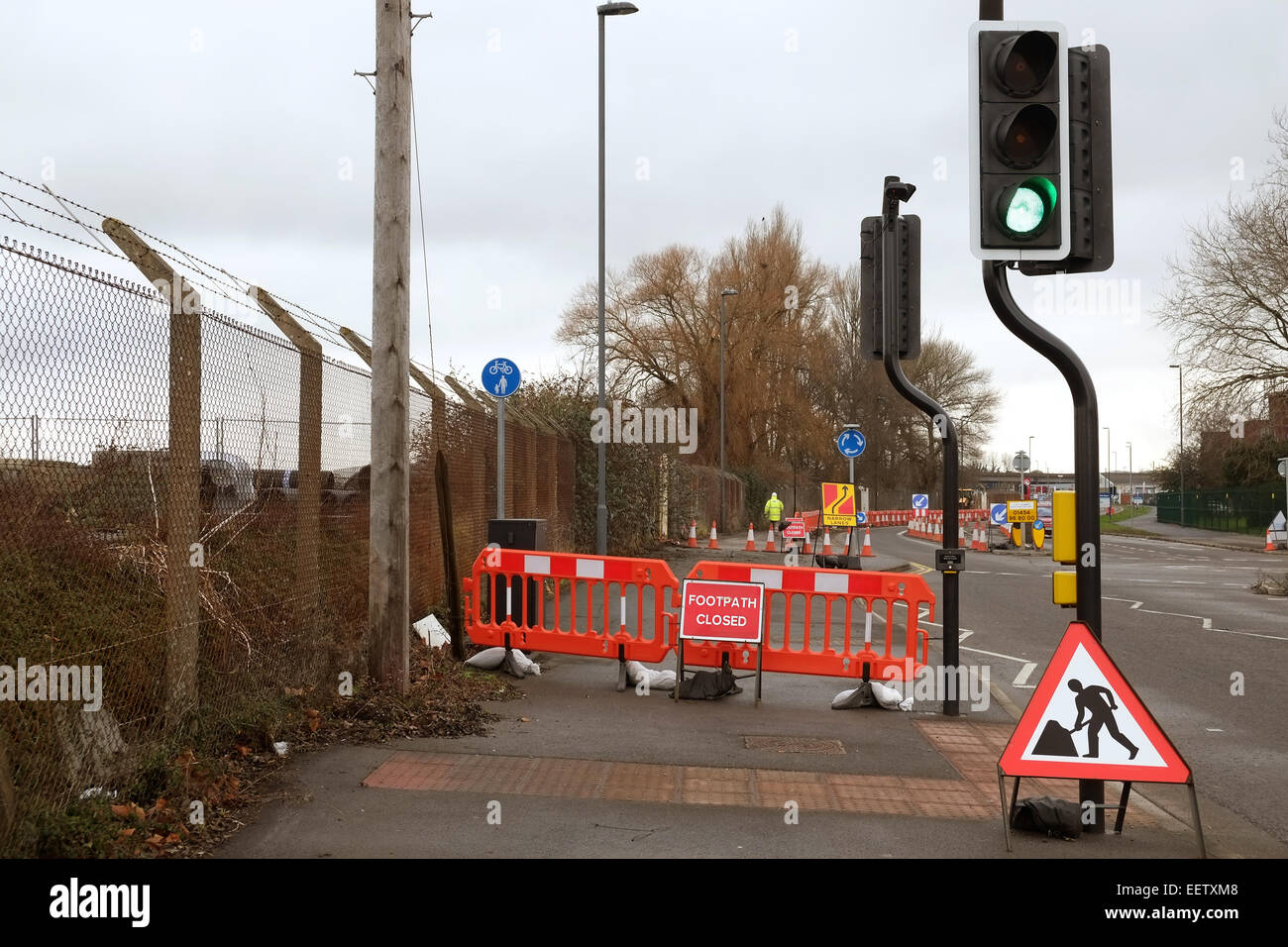 Road works and signs at traffic lights near the Rolls Royce factory in Bristol, 21st January 2015 Stock Photo