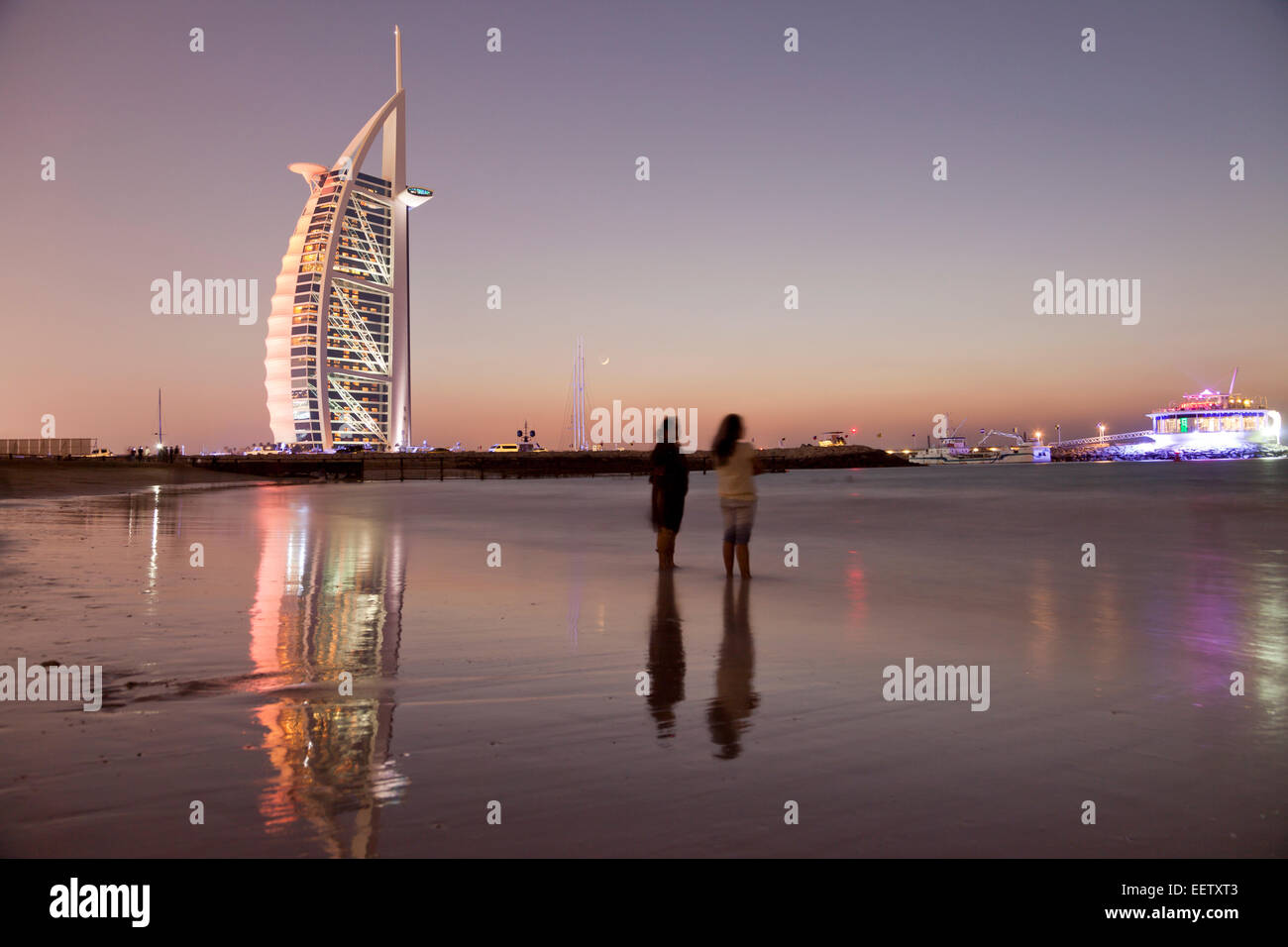 Luxury hotel Burj Al Arab and Jumeirah Beach at the blue hour, Dubai, Emirate of Dubai, United Arab Emirates, Asia Stock Photo