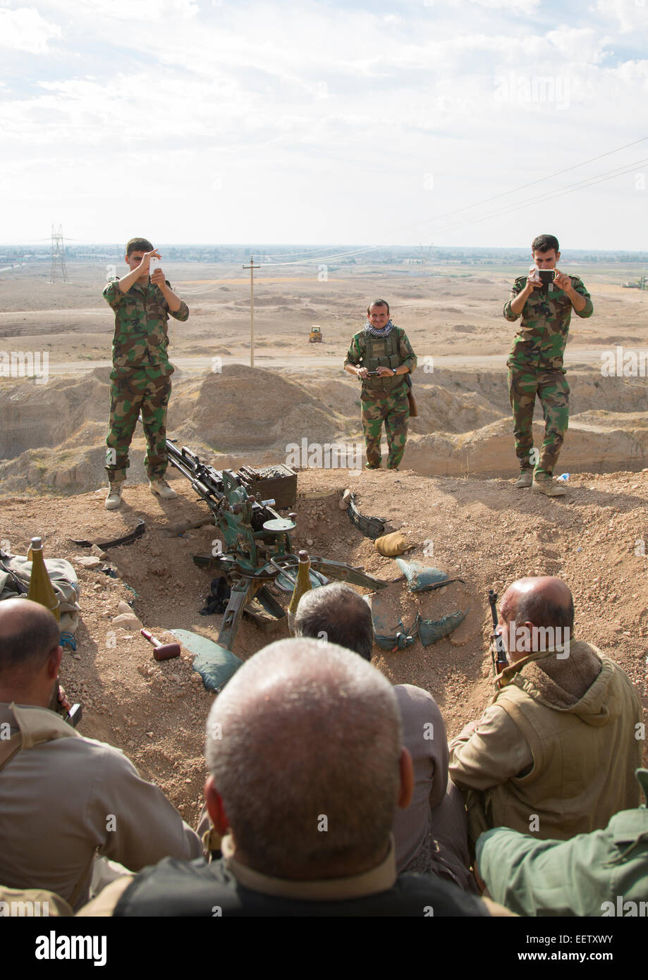 Kurdish Peshmergas On The Frontline Taking Photos Souvenirs, Kirkuk, Kurdistan, Iraq Stock Photo