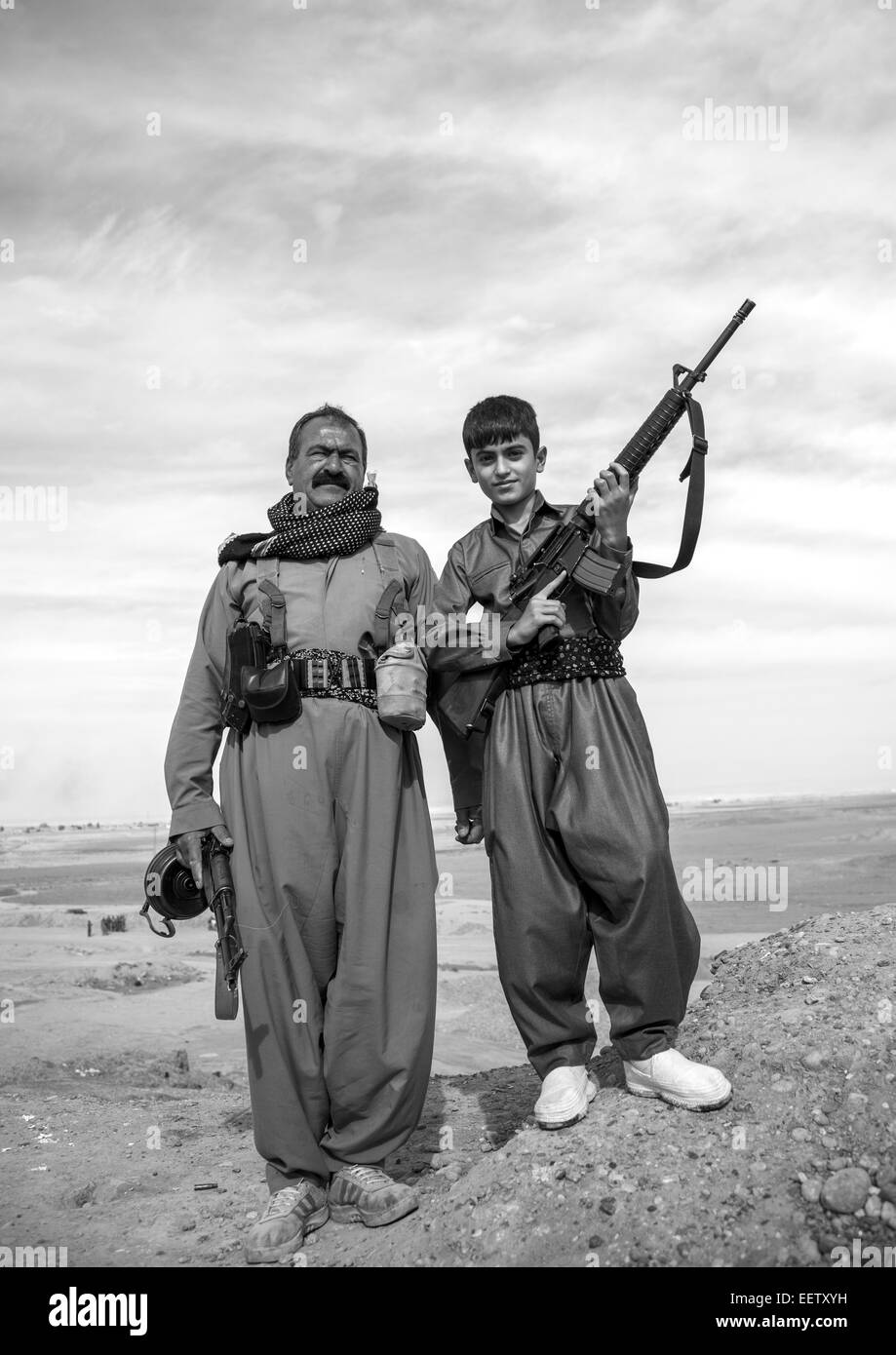 Kurdish General And His Son On The Frontline, Kirkuk, Kurdistan, Iraq Stock Photo