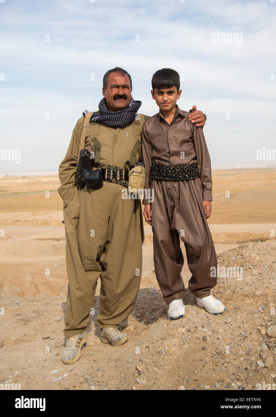 Kurdish General And His Son On The Frontline, Kirkuk, Kurdistan, Iraq Stock Photo