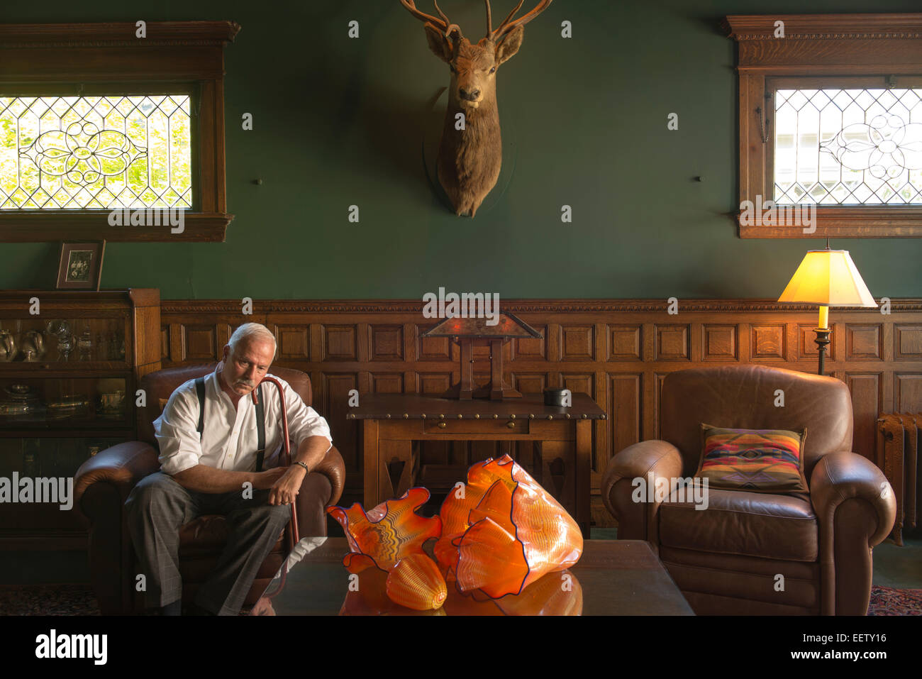 Mature male with a cane in a cabin living room Stock Photo