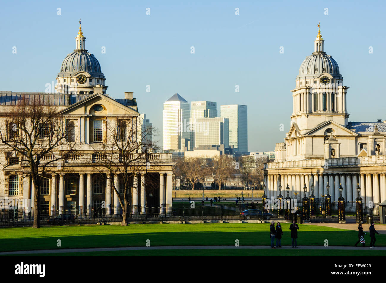 View of Maritime Greenwich, Old Royal Naval College and Canary Wharf in