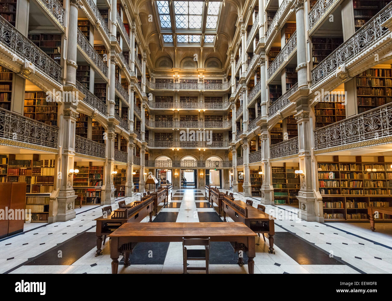 Interior of the 19thC George Peabody Library, Peabody Institute, Johns Hopkins University, Baltimore, Maryland, USA Stock Photo
