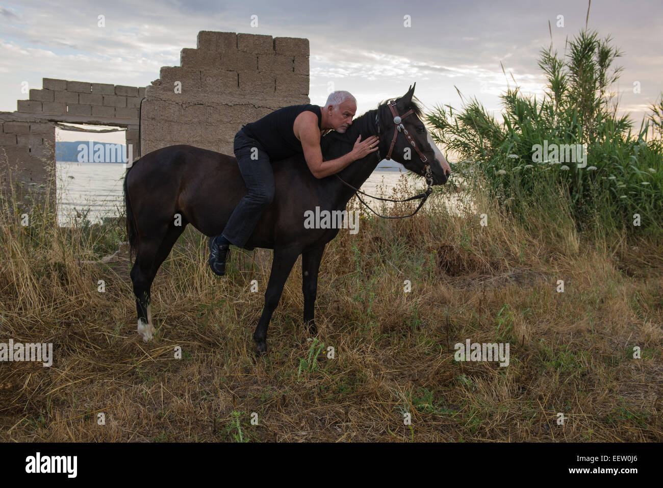 Mature male on horseback by the sea Stock Photo