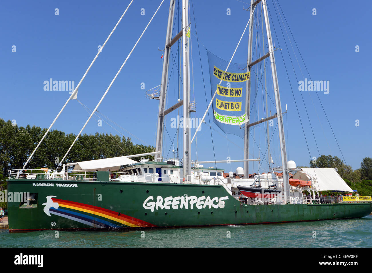 Greenpeace Rainbow Warrior ship docked in Venice. Stock Photo