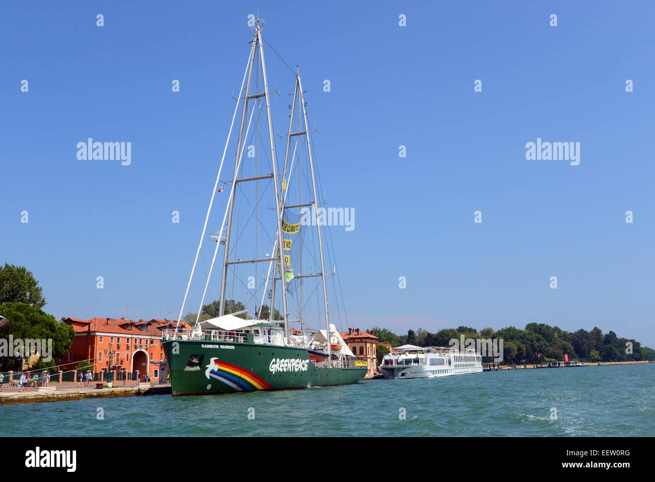 Greenpeace Rainbow Warrior ship docked in Venice. Stock Photo