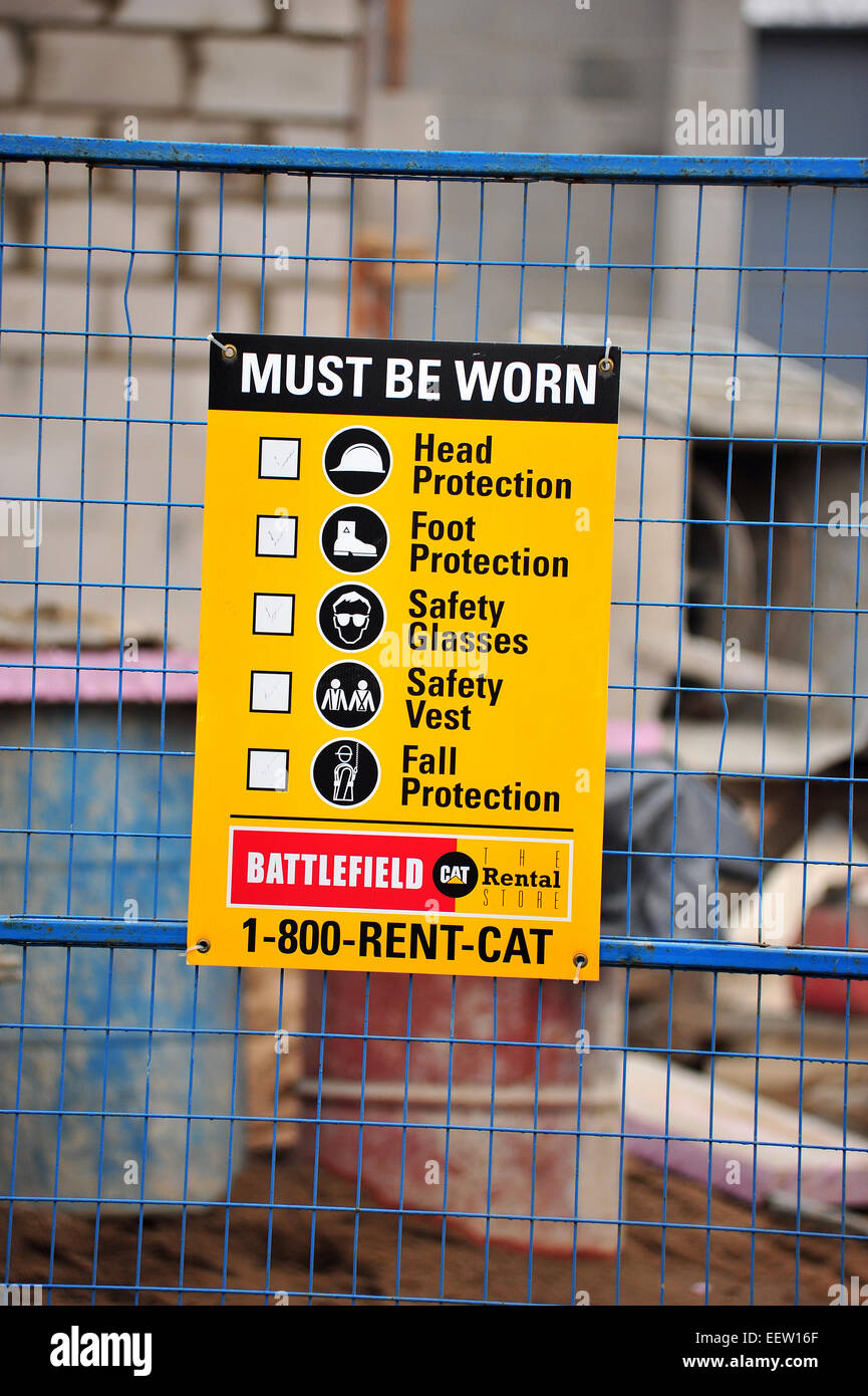 A construction site safety sign on a building site in London, Ontario, Canada. Stock Photo