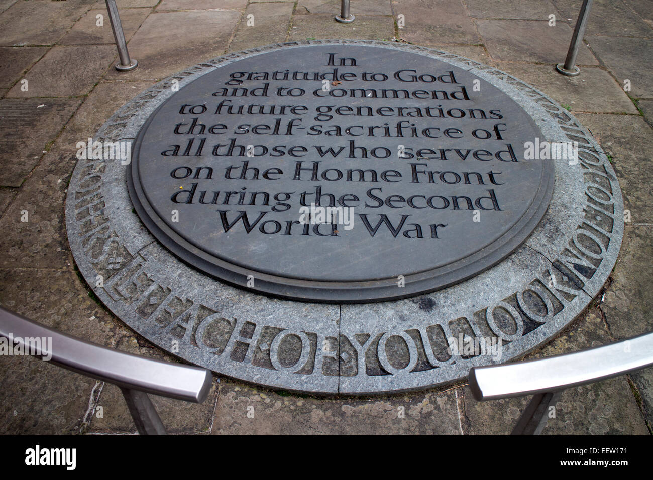 WWII Home Front memorial plaque in the old Coventry Cathedral, West Midlands, UK Stock Photo