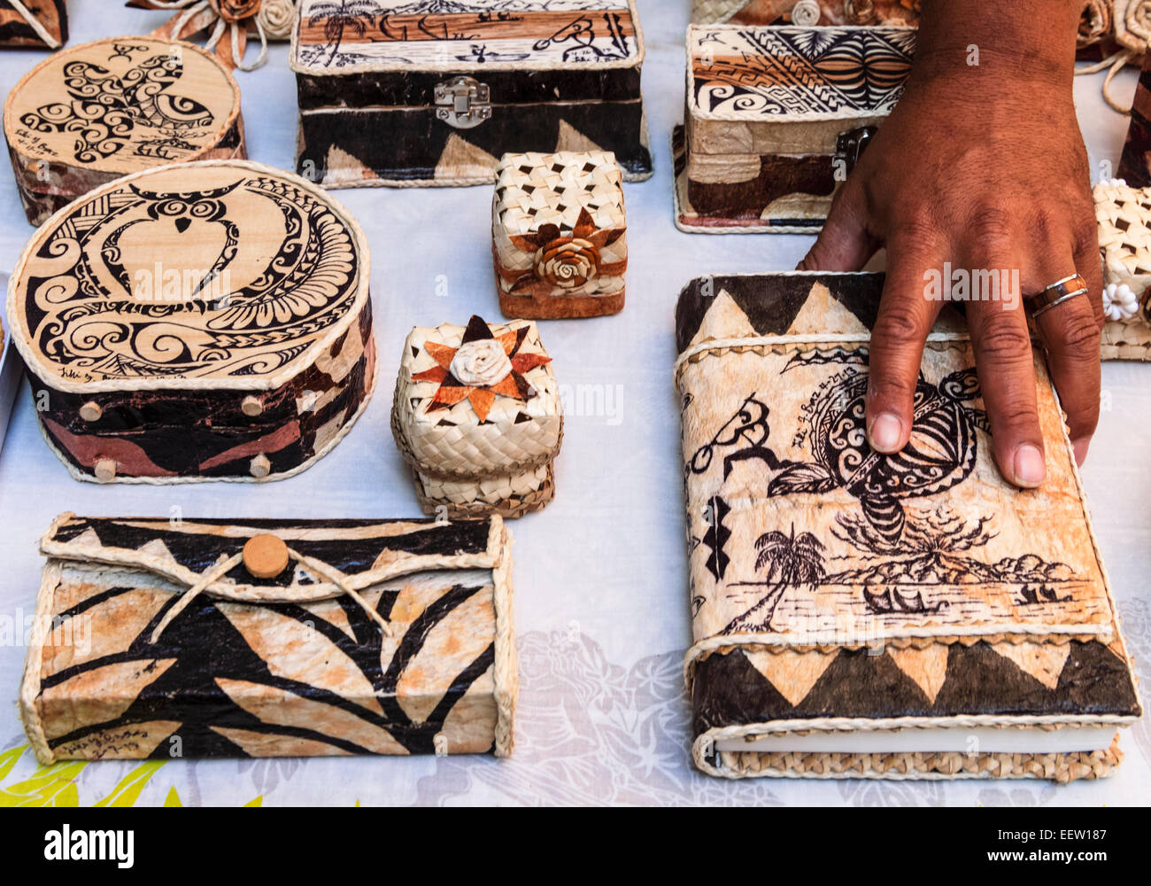 Handcrafted kapa artworks in the Kona Inn Shopping Village on the Big Island of Hawaii Stock Photo