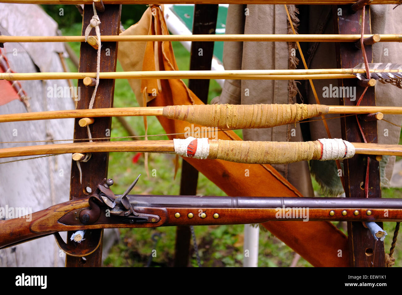 Native Canadian and frontier weapons on a display rack at the Museum of Ontario Archaeology in Canada. Stock Photo