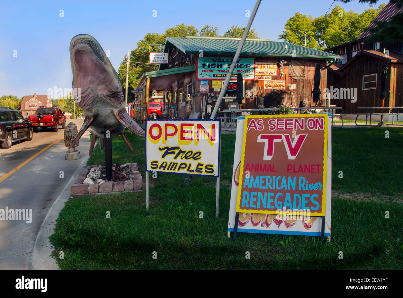 Valley Fish and Cheese Shop in Prairie du Chien, Wisconsin  on the Mississippi River specializes in fresh seafood and Wisconsin Stock Photo