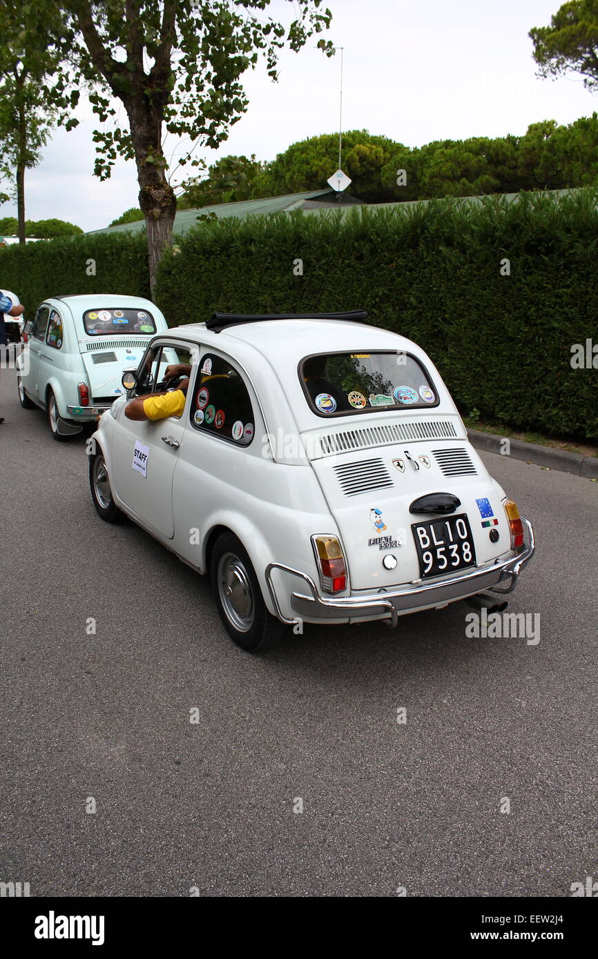White Fiat 500 during a Fiat 500 carshow in Cavallino Treporti, Italy Stock Photo