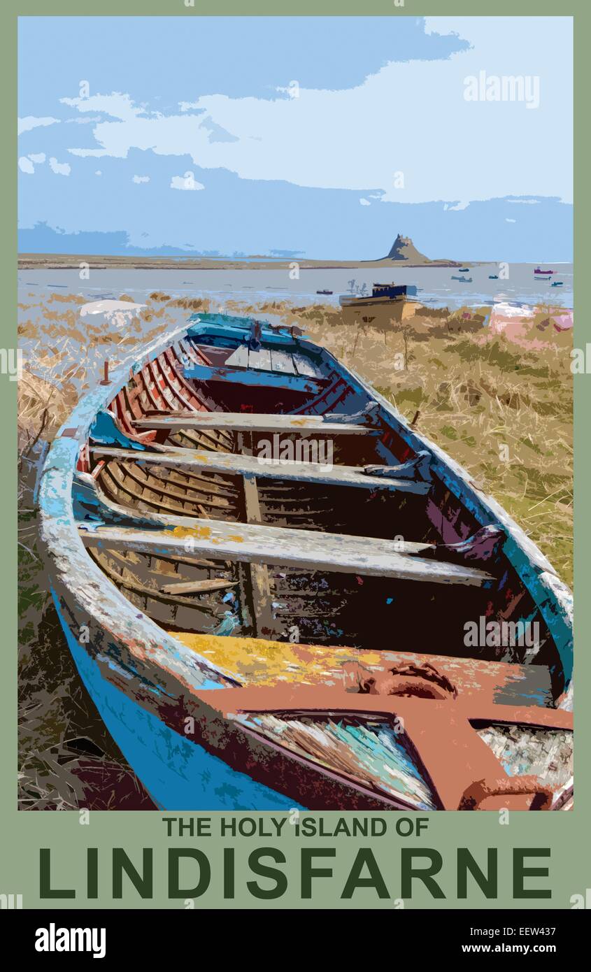 A poster style interpretation of a wooden boat on Holy Island and the distant Lindisfarne Castle, Northumberland, England, UK Stock Photo