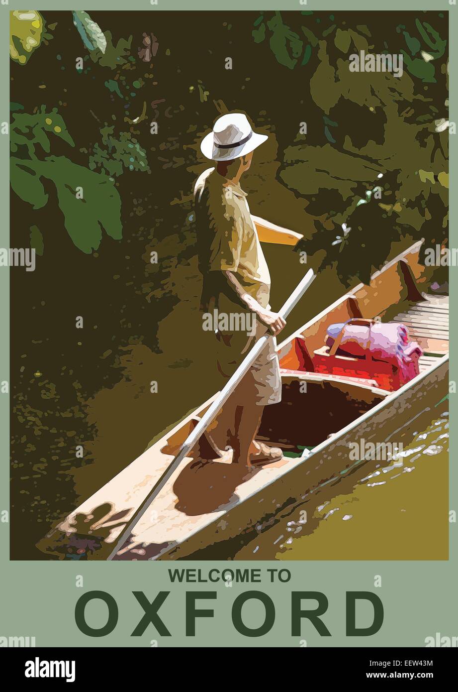 A poster style illustration of people enjoying a day boating on the The River Cherwell in Oxford, Oxfordshire, England, UK Stock Photo