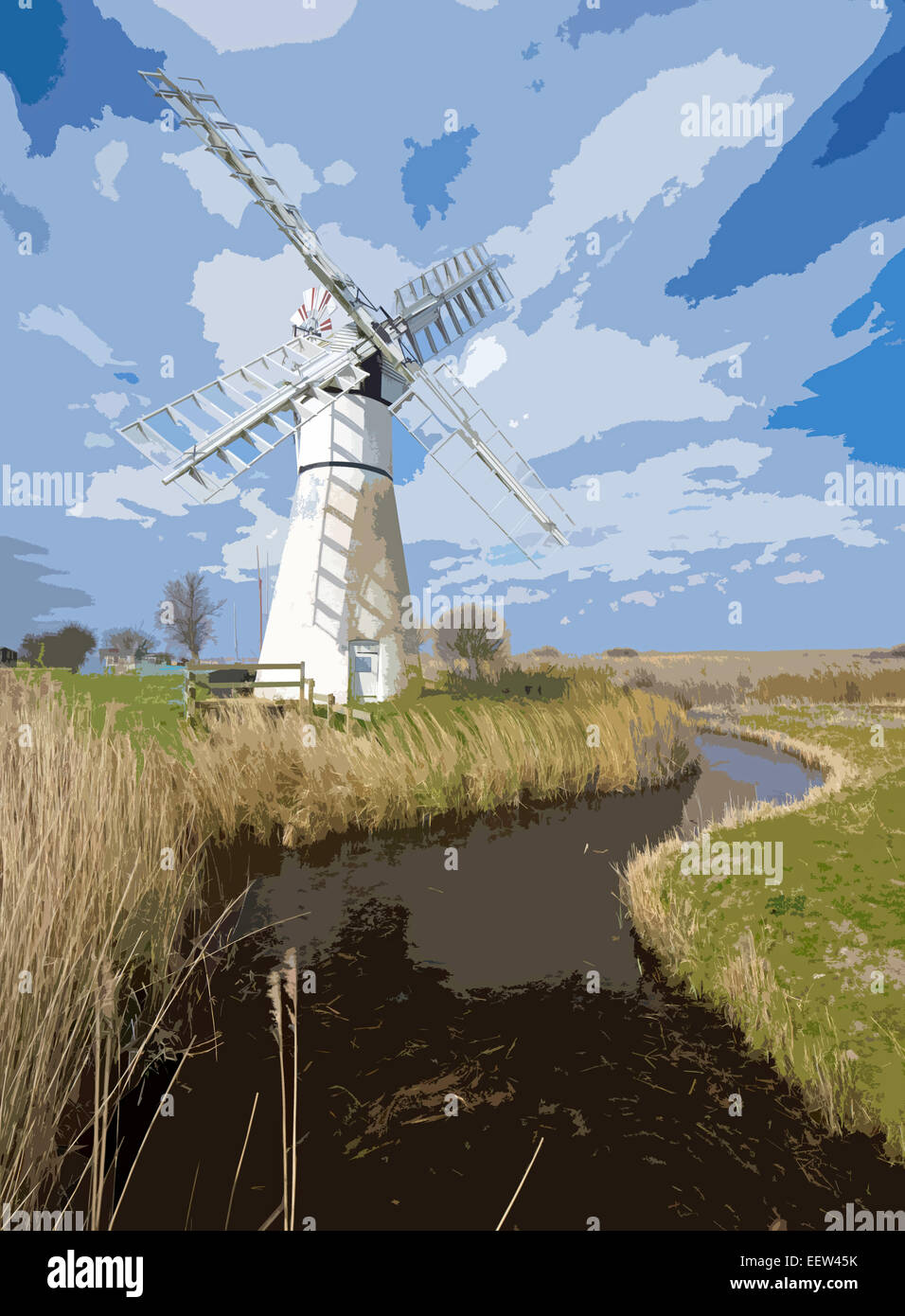 A poster style interpretation of Thurne Dyke Dranage Mill,  Thurne, The Broads National Park, Norfolk, England, UK Stock Photo