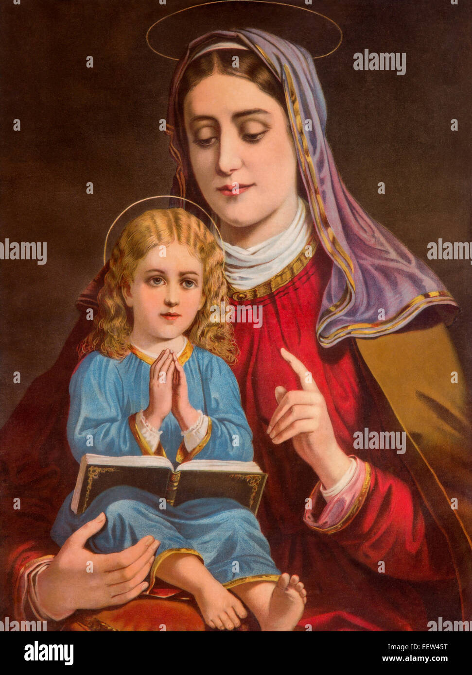 Typical catholic image of st. Ann with the little Mary from Slovakia (in my own home) printed in Germany from end of 19. cent. Stock Photo