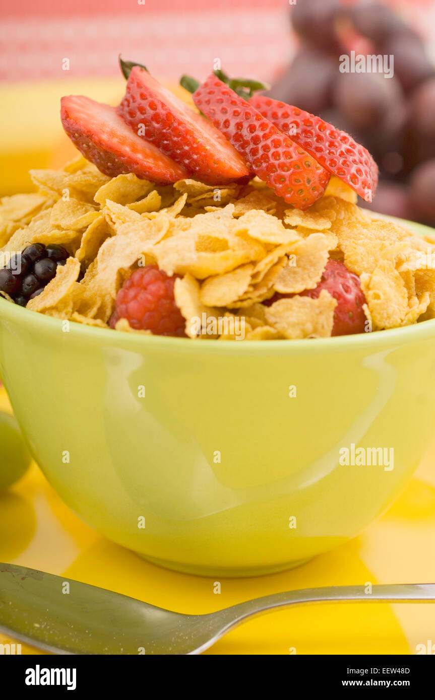 Bowl of corn flakes with fruit garnish Stock Photo Alamy