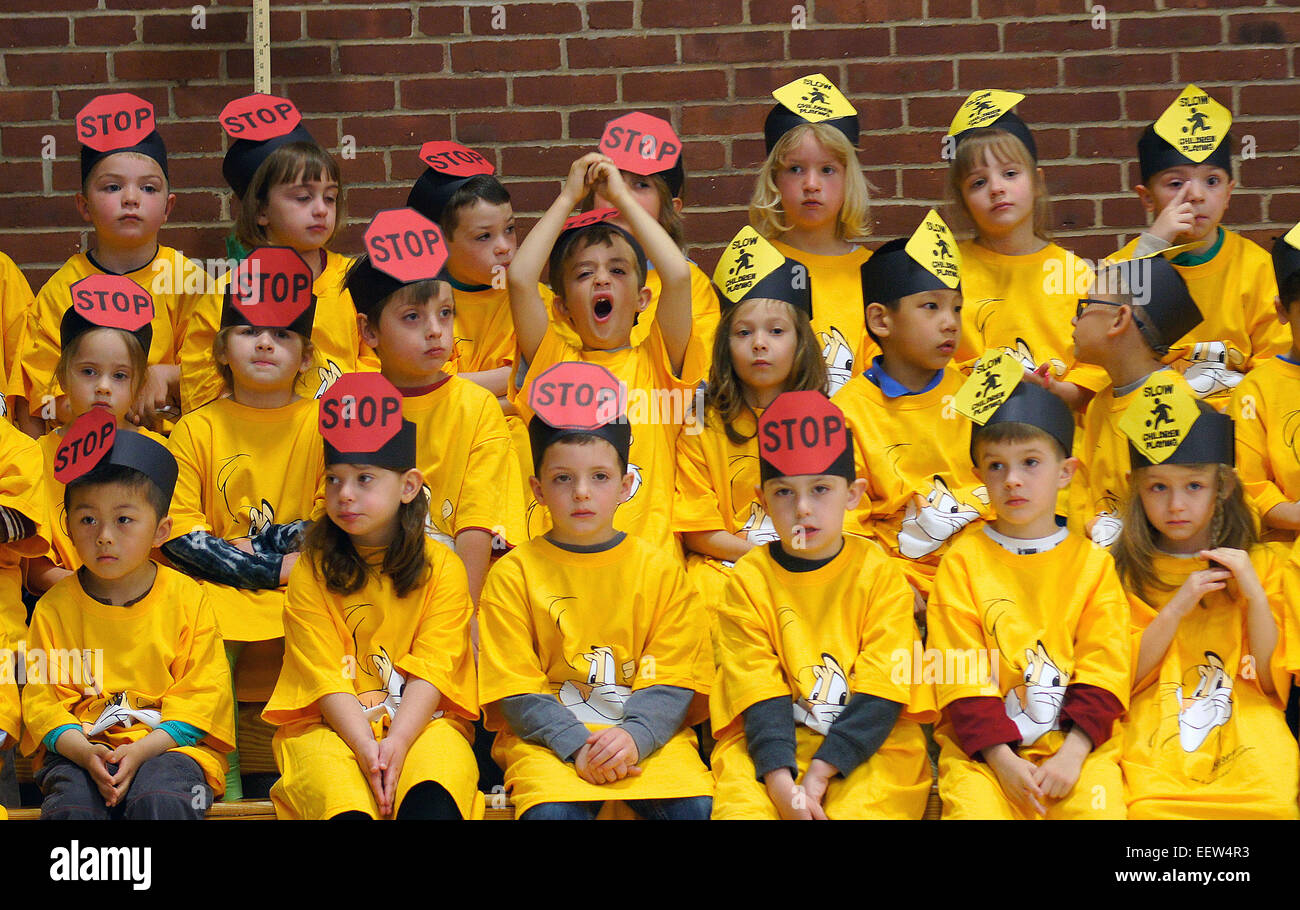 Orange CT USA--Kindergartners at Mary L. Tracy School in Orange wait to graduate during the 'D.A.R.E. To Be Safe' Assembly at the school after completing the lessons with Orange Police. Stock Photo