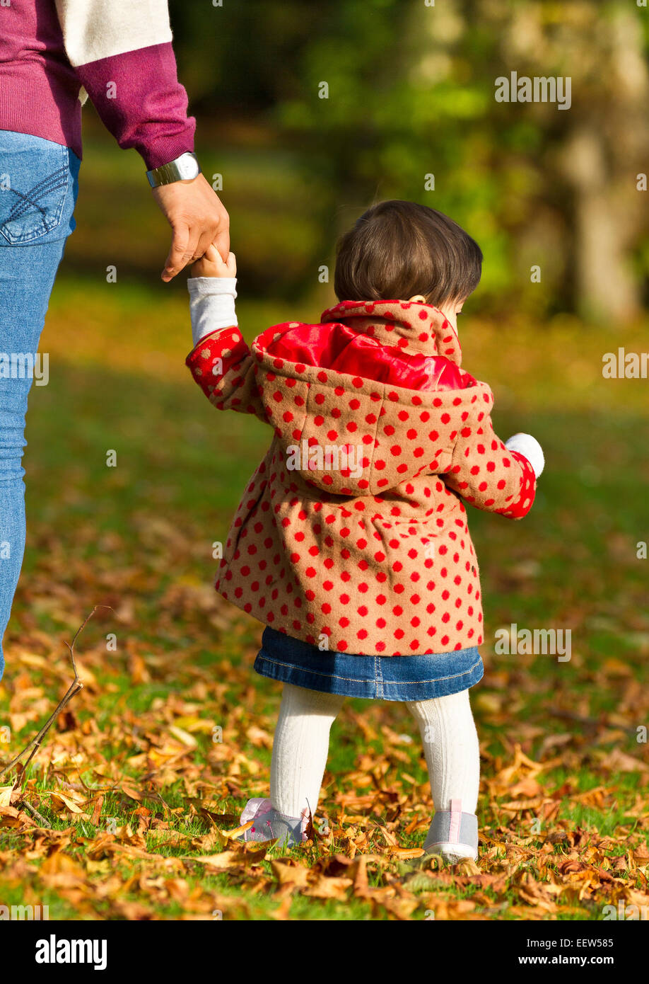 Little girl holding her mum hand and walking in park during autumn Stock Photo