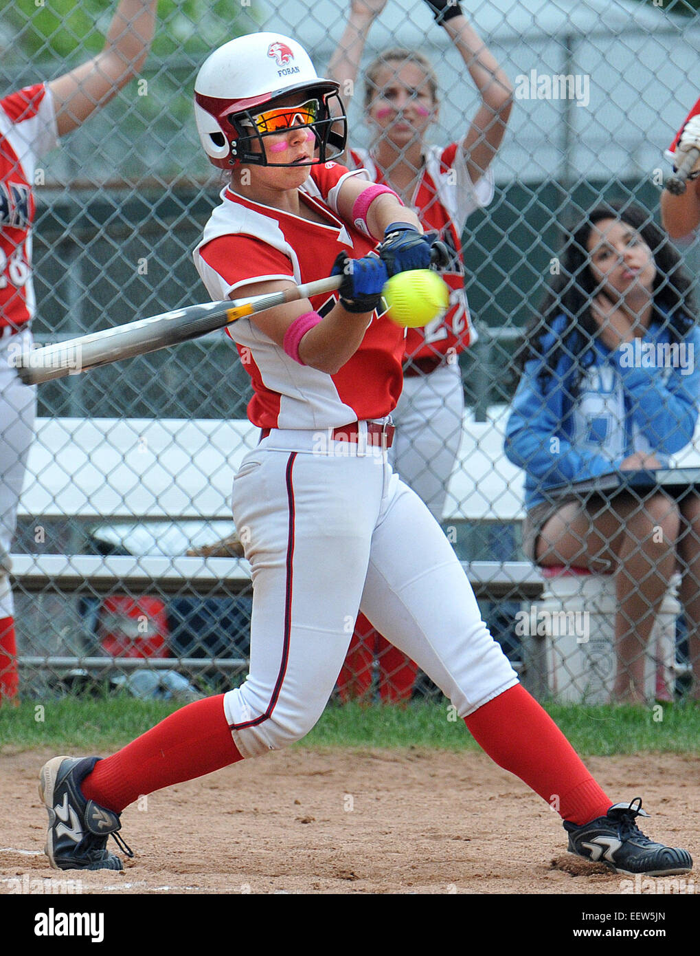 Milford-- Foran's Ashley Mendillo gets a third inning base hit against Wethersfield during the Class L quarterfinal at Foran High School. Stock Photo