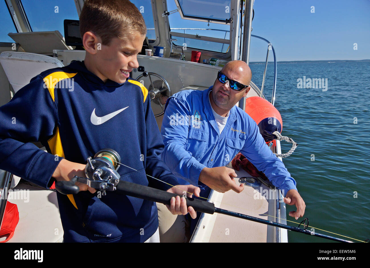 Bluefishing on a charter boat in Clinton, CT USA Stock Photo