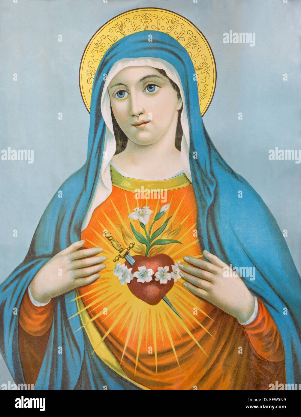 The Heart of Virgin Mary. Typical catholic image (in my own home) printed in Germany from the end of 19. cent. Stock Photo