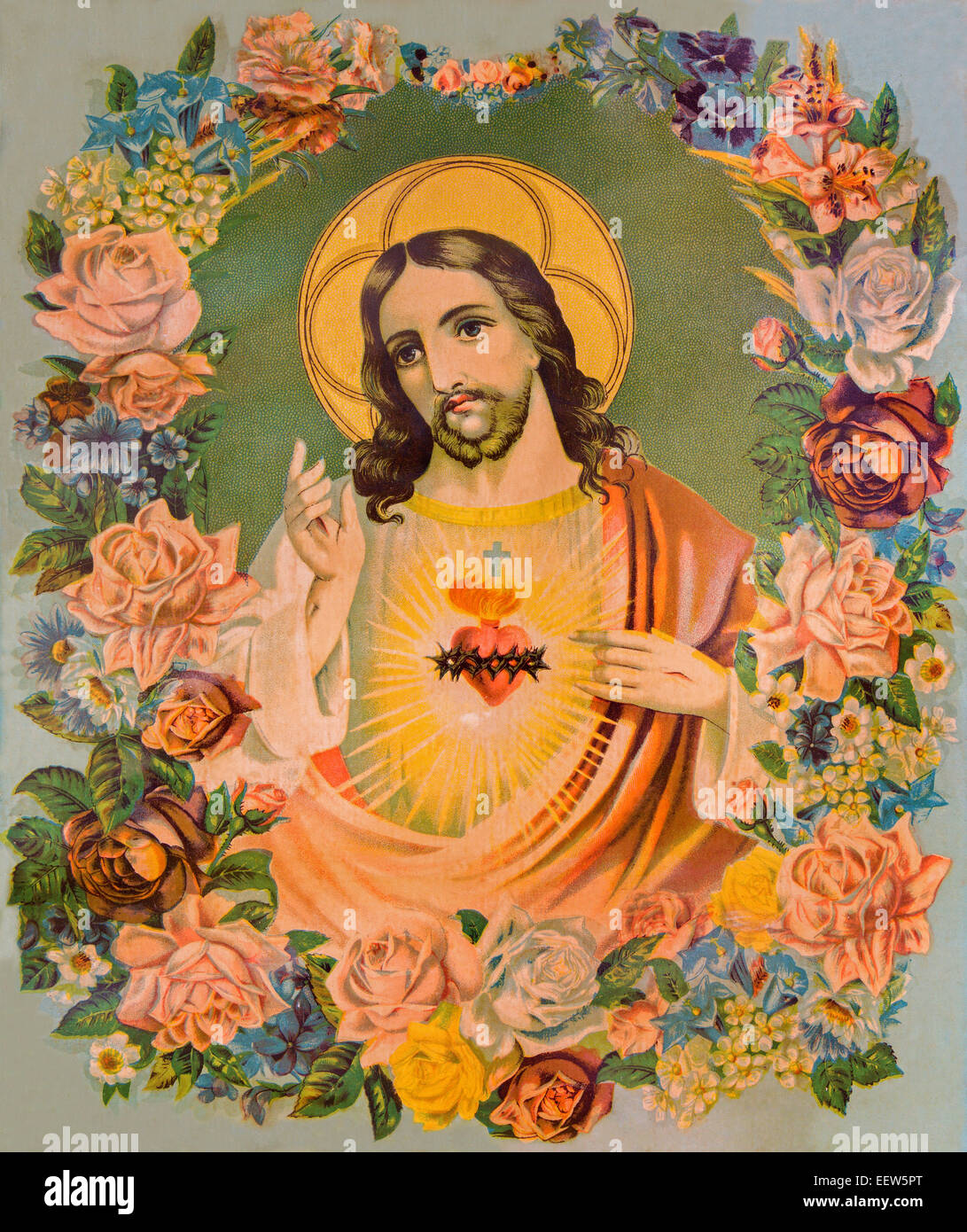 SEBECHLEBY, SLOVAKIA - JANUARY 6, 2015: Typical catholic image of heart of Jesus Christ in the flowers from Slovakia Stock Photo