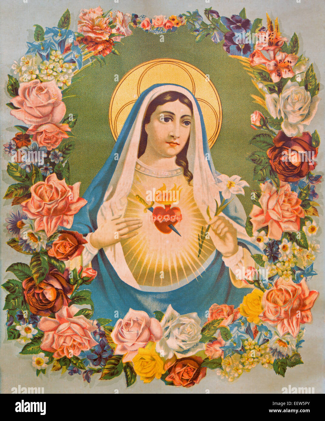 The Heart of Virgin Mary in the flowers. Typical catholic image ...