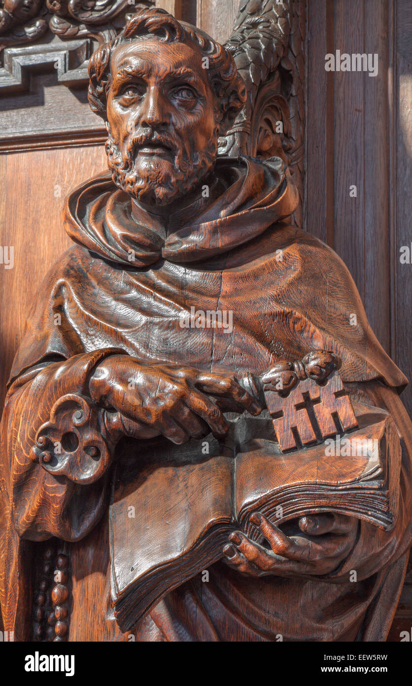 ANTWERP, BELGIUM - SEPTEMBER 5: Carved st. Peter statue from 19. cent in St. Pauls church (Paulskerk) Stock Photo
