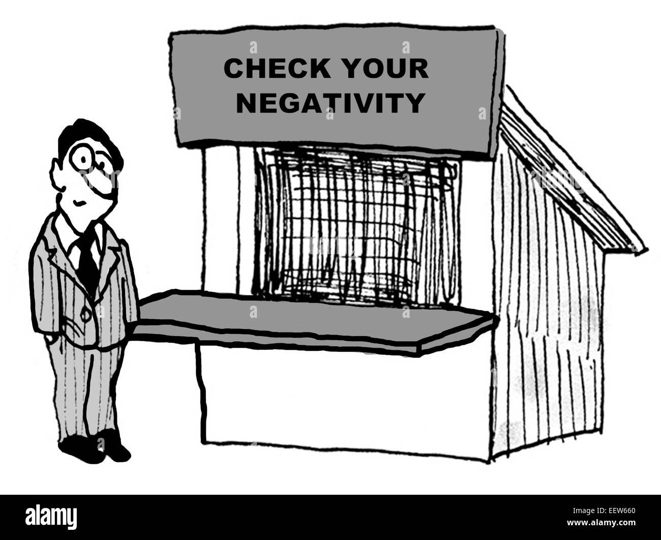Cartoon of businessman and sign reminding him to 'check your negativity'. Stock Photo