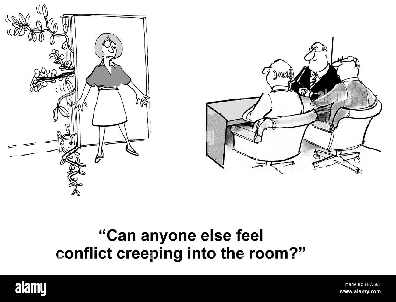 Cartoon of businesswoman holding back 'creep' and asking if anyone else can feel conflict creeping into the meeting room. Stock Photo