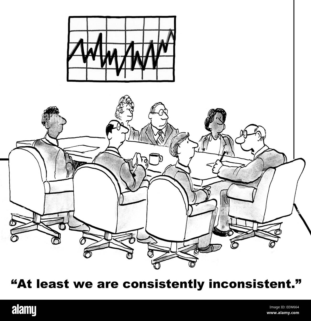 Cartoon of business meeting with chart showing inconsistent results, boss says 'we are consistently inconsistent'. Stock Photo