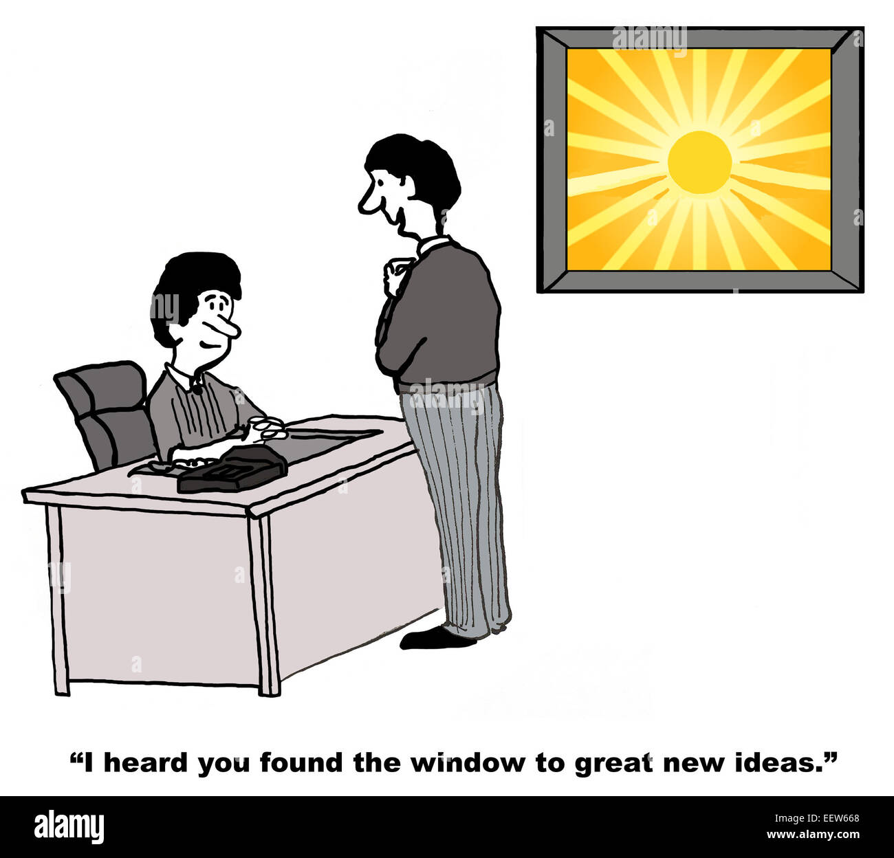 Cartoon of businessman saying to coworker he heard she found the window to great new ideas. Stock Photo