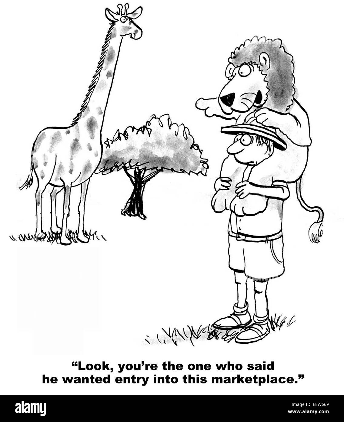 Cartoon of lion on man's shoulders saying the man allowed the competitor, giraffe, into the marketplace. Stock Photo