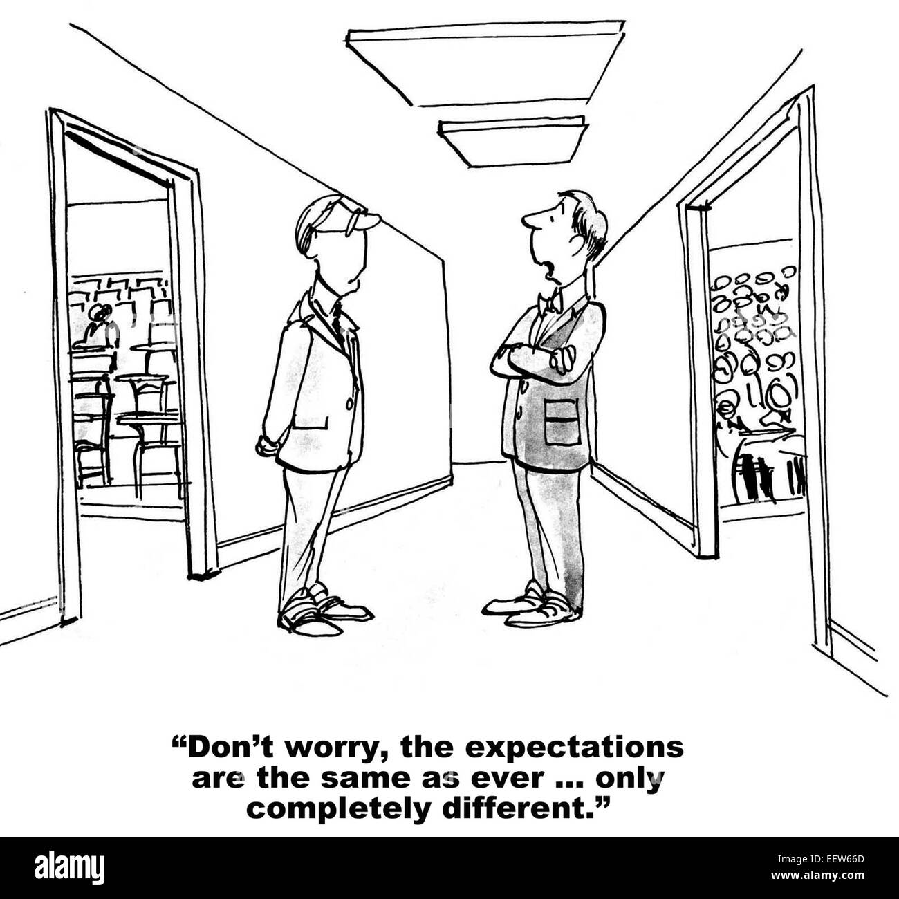 Cartoon of two teachers saying that the expectations are the same as ever... only completely different. Stock Photo